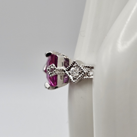 Art Deco Sterling 925 Princess Cut Pink Sapphire With CZ Accent Ring Size 5.75 - Picture 4 of 12